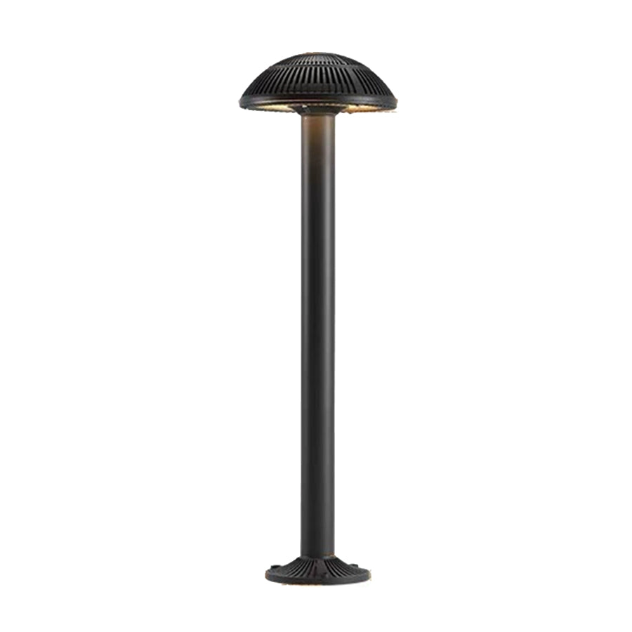 Black bollard light with dome top providing functional and aesthetic pathway illumination