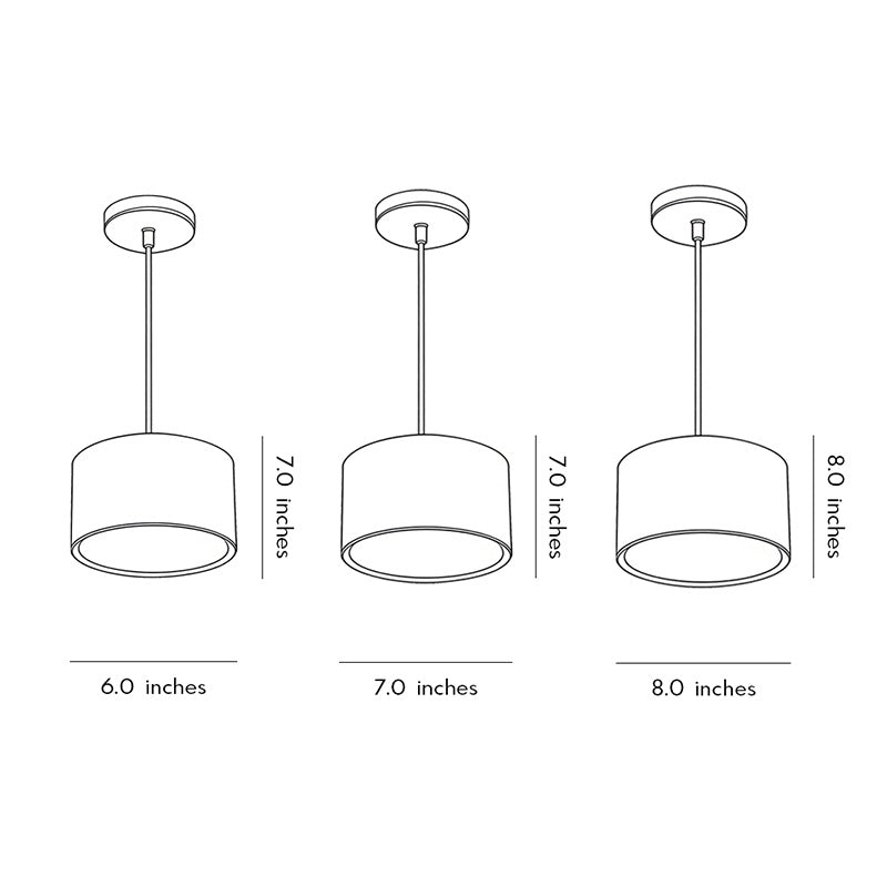 Technical diagram showing dimensions and structure of black drum pendant light models.