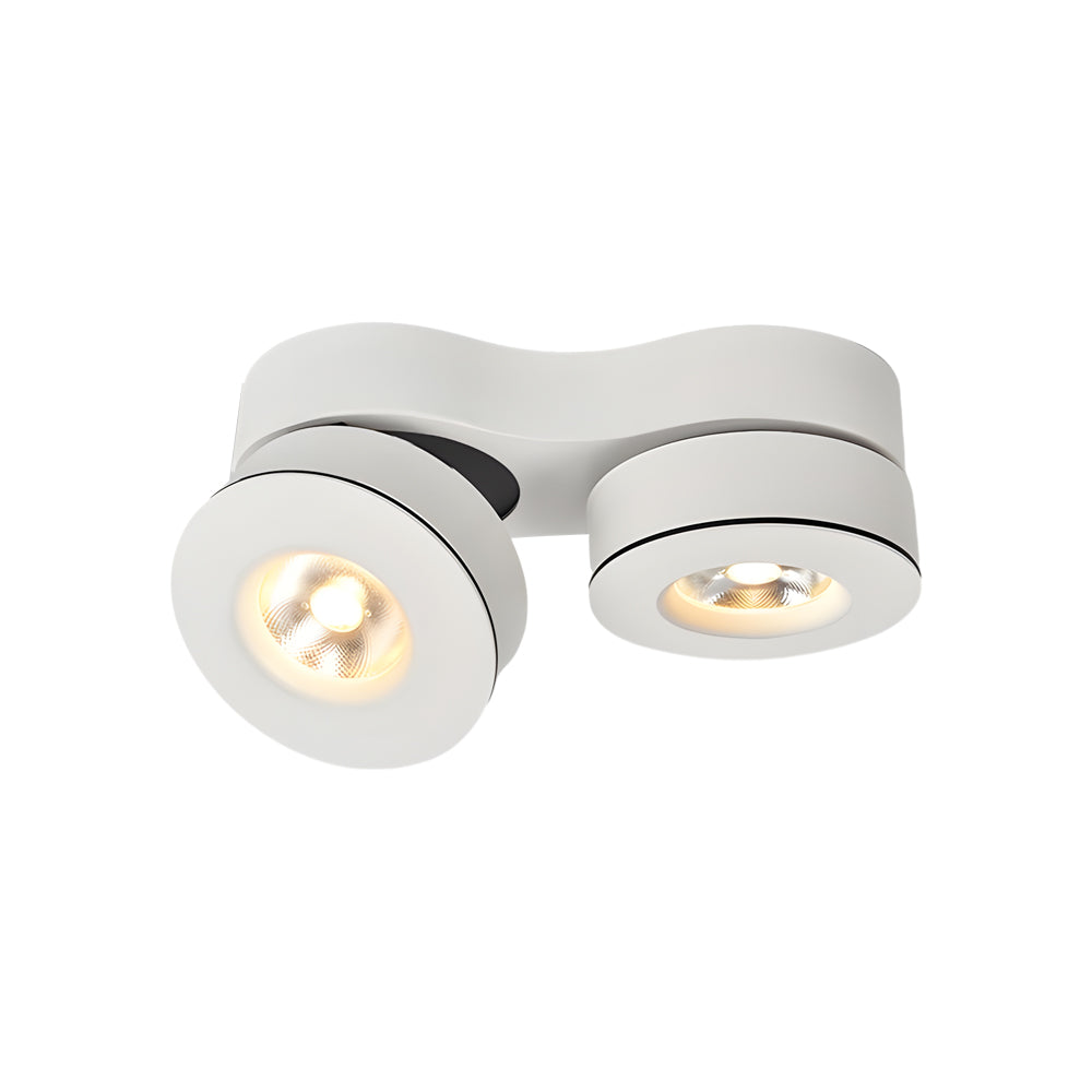 Black surface mount LED downlight with dual heads, perfect for creating directed light in kitchens, hallways, or living rooms.