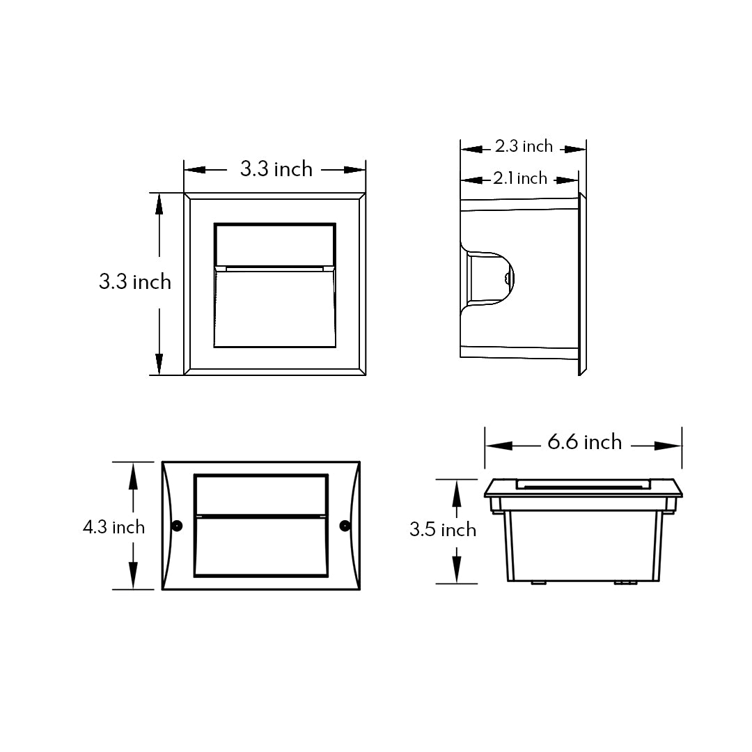 Black rectangular recessed wall light fixture with hooded design for directional outdoor illumination