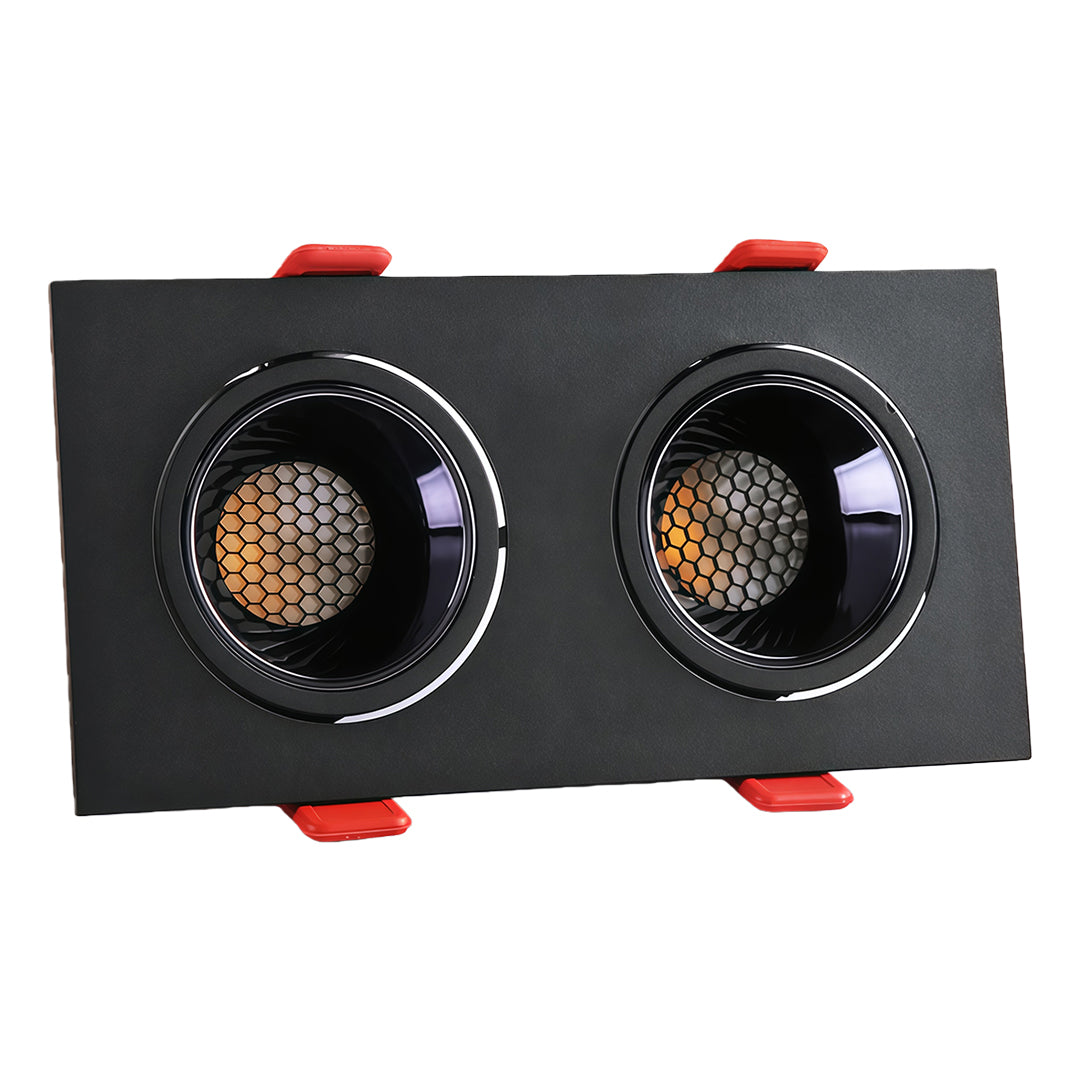 Black dual-light fixture combining two square recessed downlight modules with anti-glare honeycomb baffles.