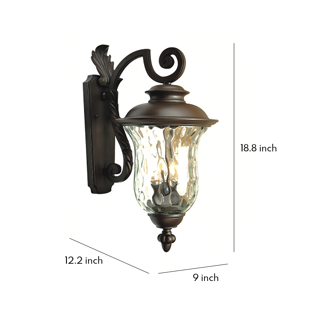 Black exterior wall light with ornate scrollwork and water glass in traditional lantern design, shown with dimensions
