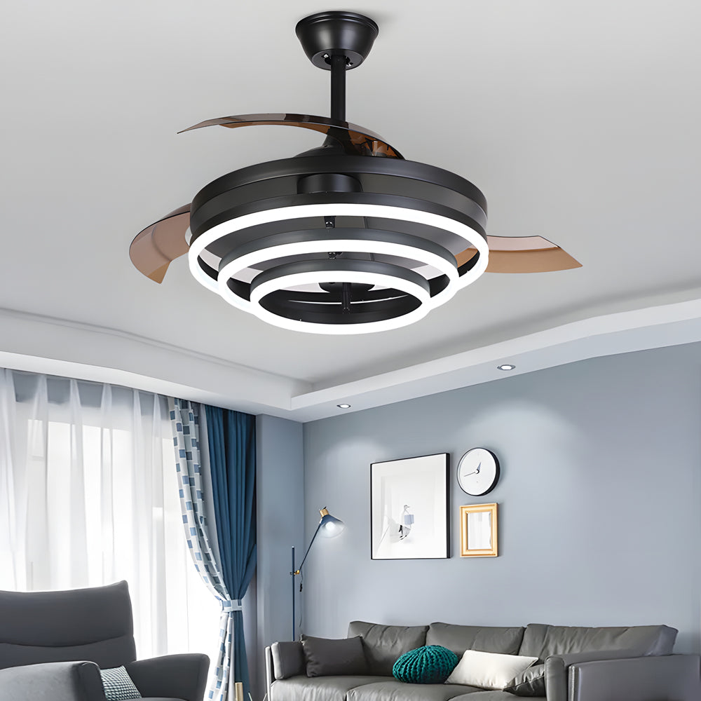 Black fan with light with a close-up of its layered light structure and blades.