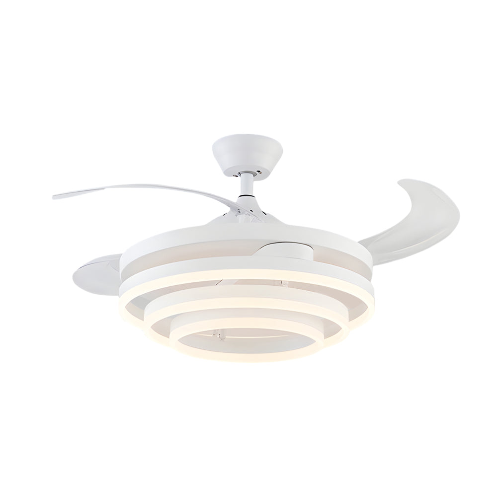Black fan with light with a close-up of its light rings and fan blades.