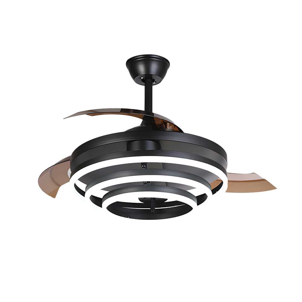 Black fan with light with a close-up of its sleek black and gold design.