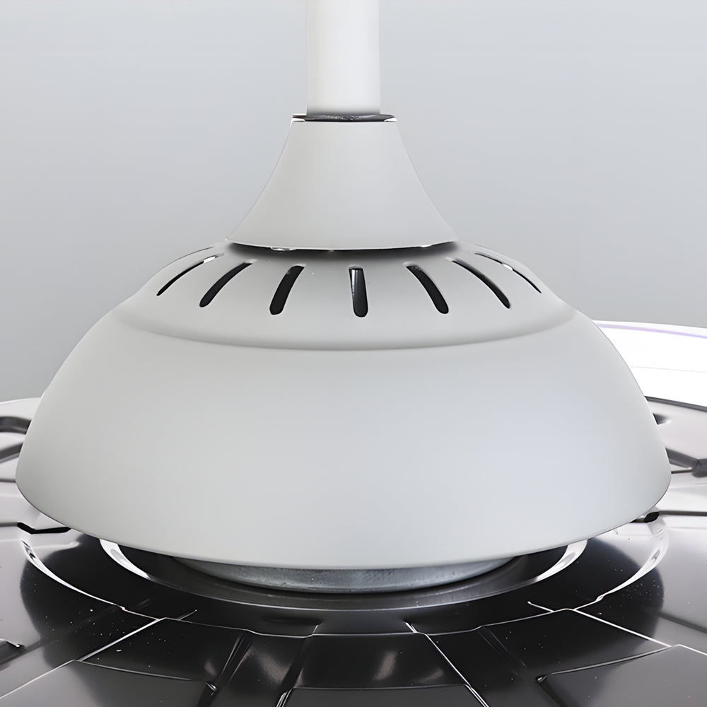 Black fan with light with a close-up of its top and light structure.