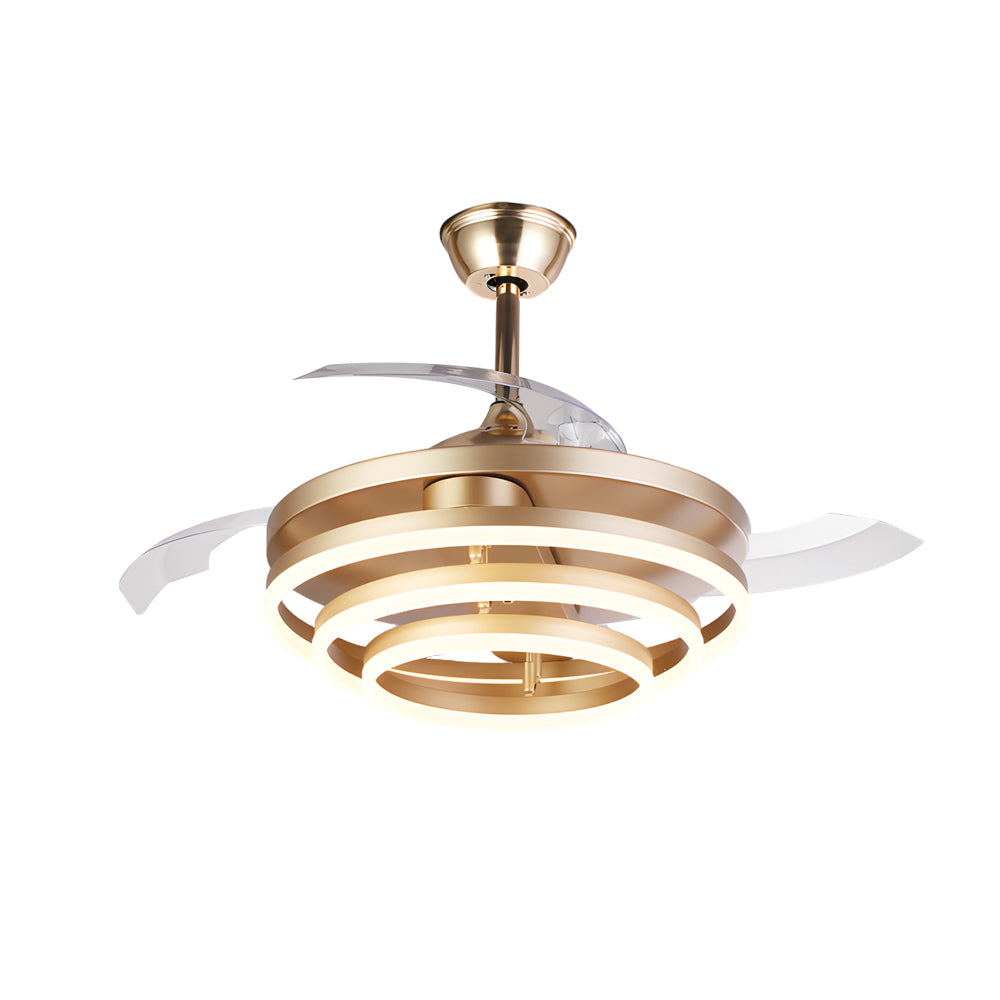 Black fan with light with a gold accent, illuminating a stylish living room.