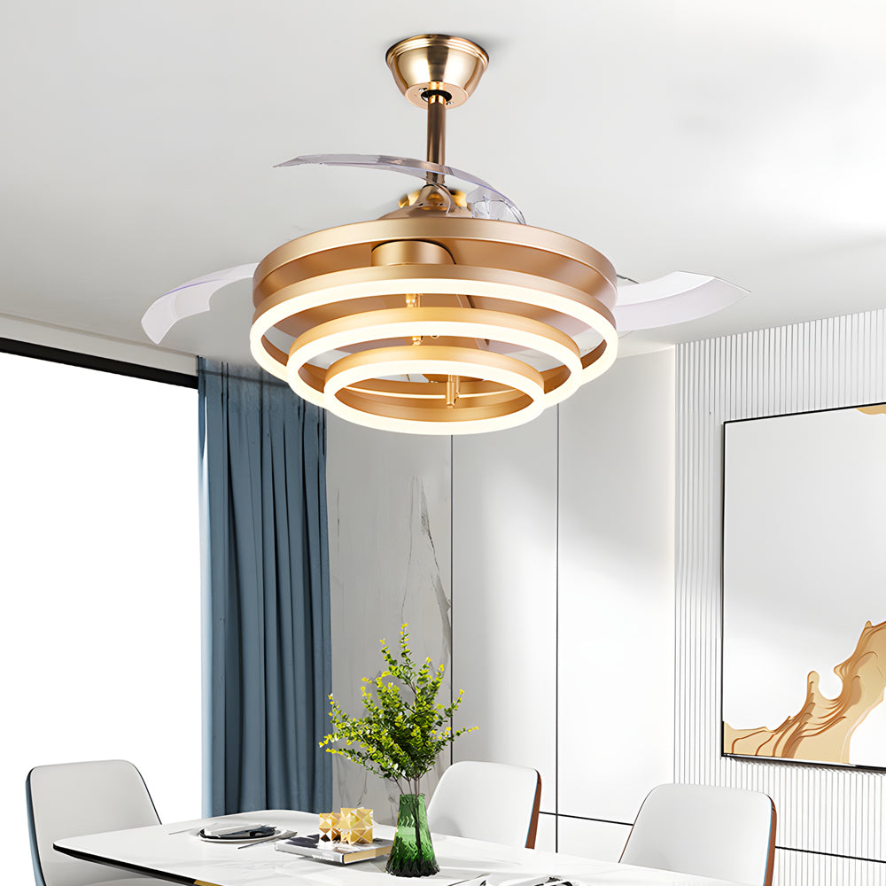 Black fan with light with a minimalist design, providing warm illumination in a modern bedroom.