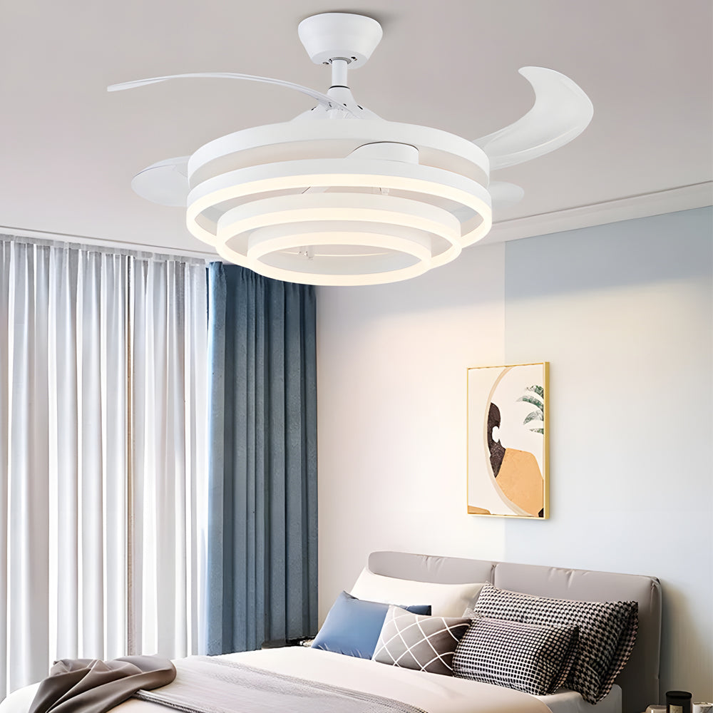 Black fan with light with a modern design, illuminating a cozy living space.