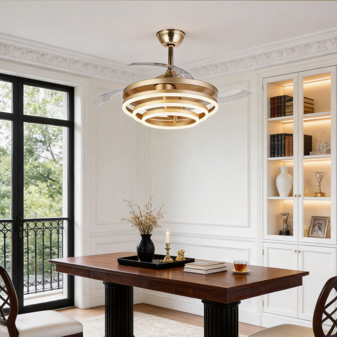 Black fan with light featuring a modern design, illuminating a stylish dining room.