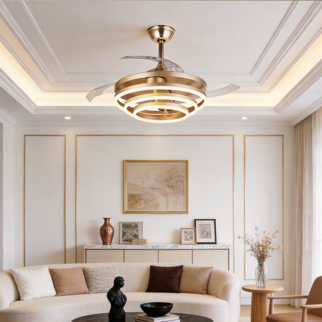 Black fan with light with a sleek design, enhancing a contemporary living room.