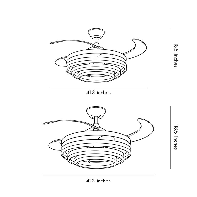 Technical diagram showing dimensions and structure of black fan with light models.