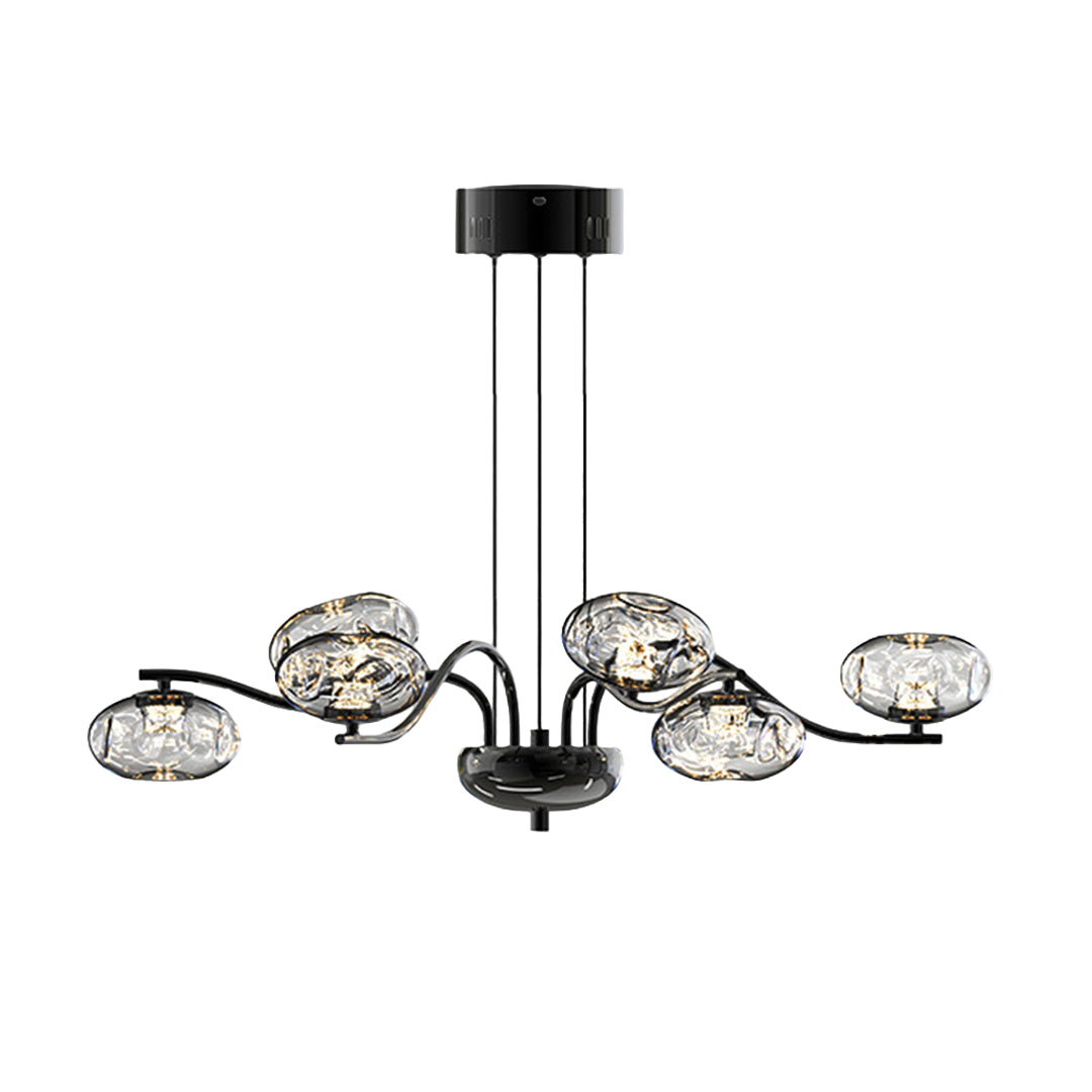 Sleek modern LED chandelier with black finish featuring crystal glass shades in asymmetrical branching design