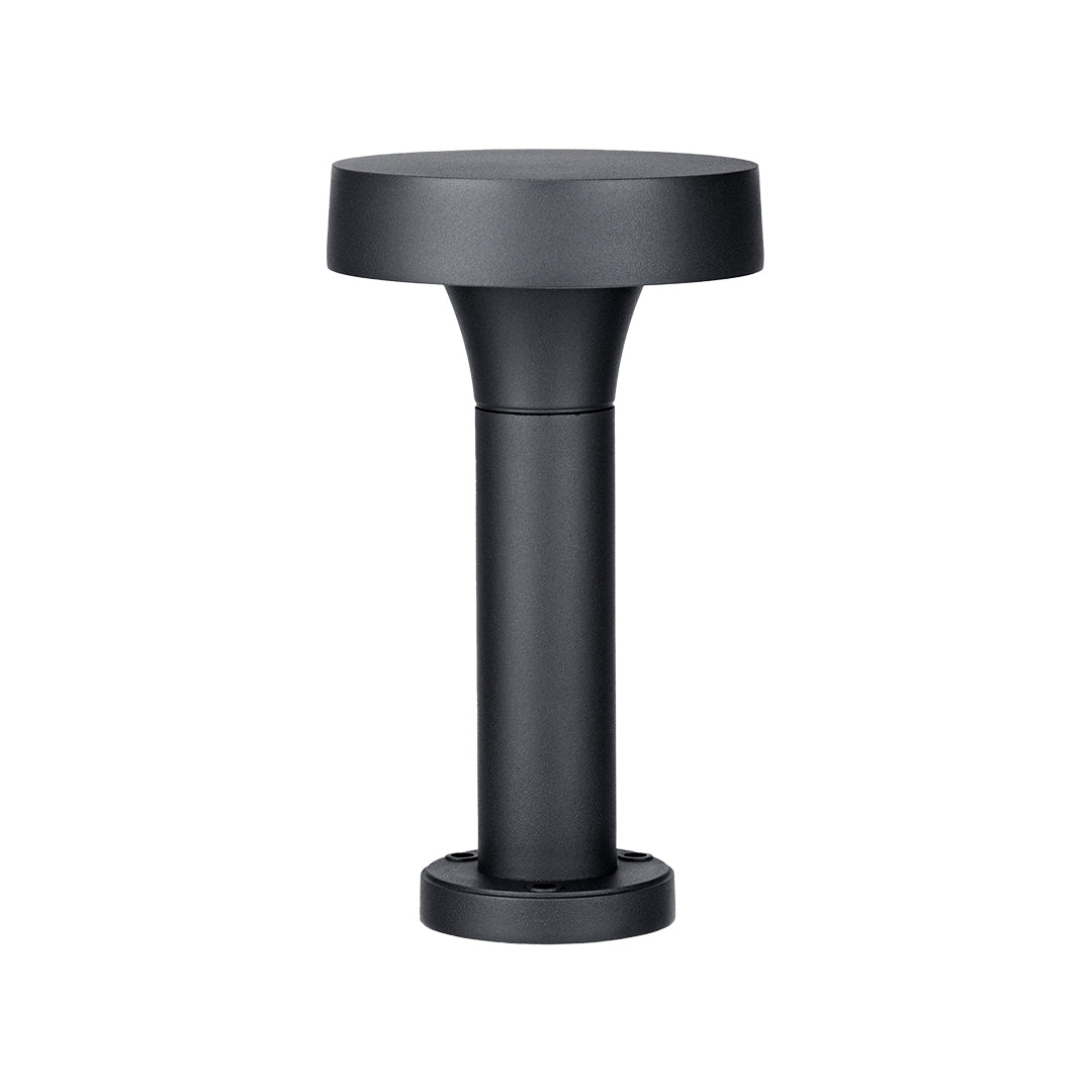Modern black bollard light with wide flat cap design and sturdy cylindrical post