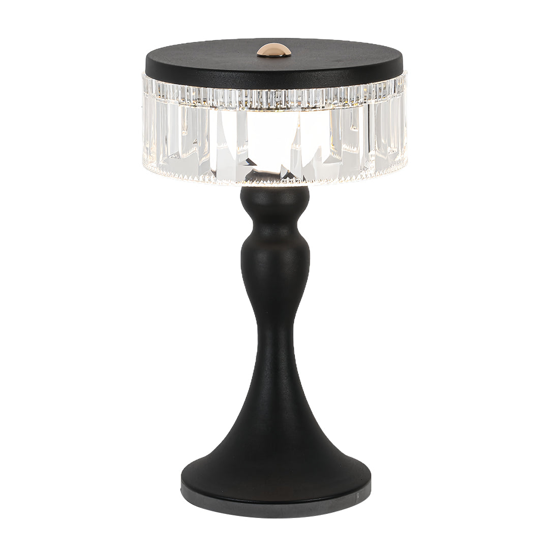 Black forged iron table lamps style with a dramatic pedestal base and circular crystal shade.