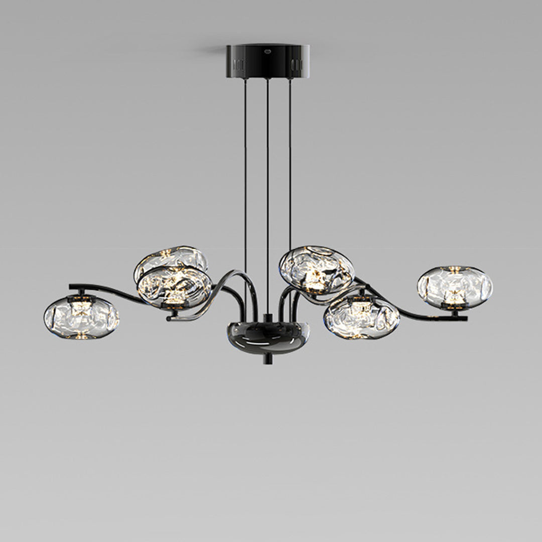 Modern LED chandelier with black frame and crystal elements displayed in minimalist studio setting