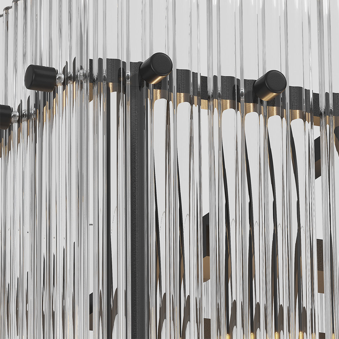 Detailed view of black frame and crystal rods on a glass lamp shade chandelier with industrial elegance.