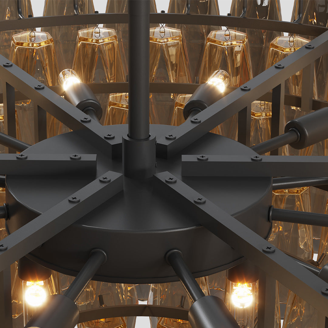 Structural frame and lighting arms of a black metal glass pendant chandelier with gold crystals.