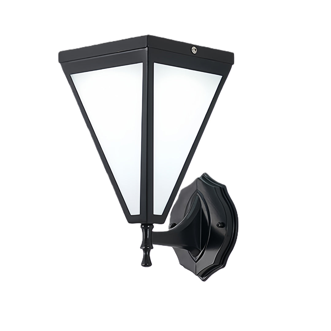 Outdoor solar lights wall mounted in modern black triangular frame.