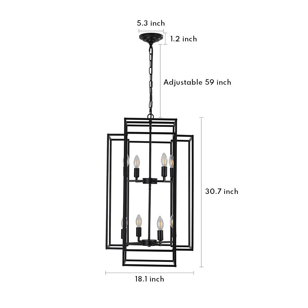 Industrial vintage pendant light with black metal frame and clear glass panels, including detailed product dimensions.