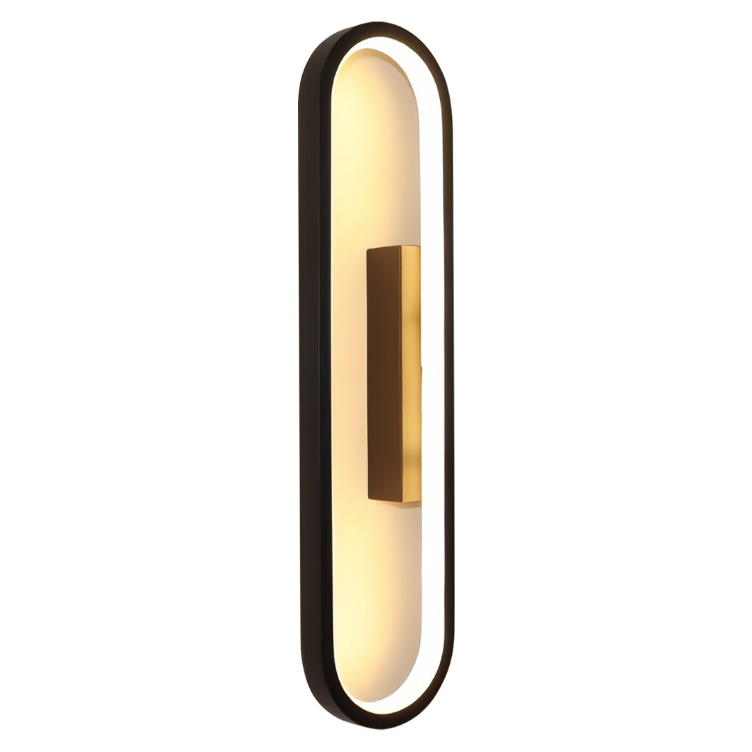 Contemporary wall pack LED light featuring black frame with bright LED strip for accent lighting