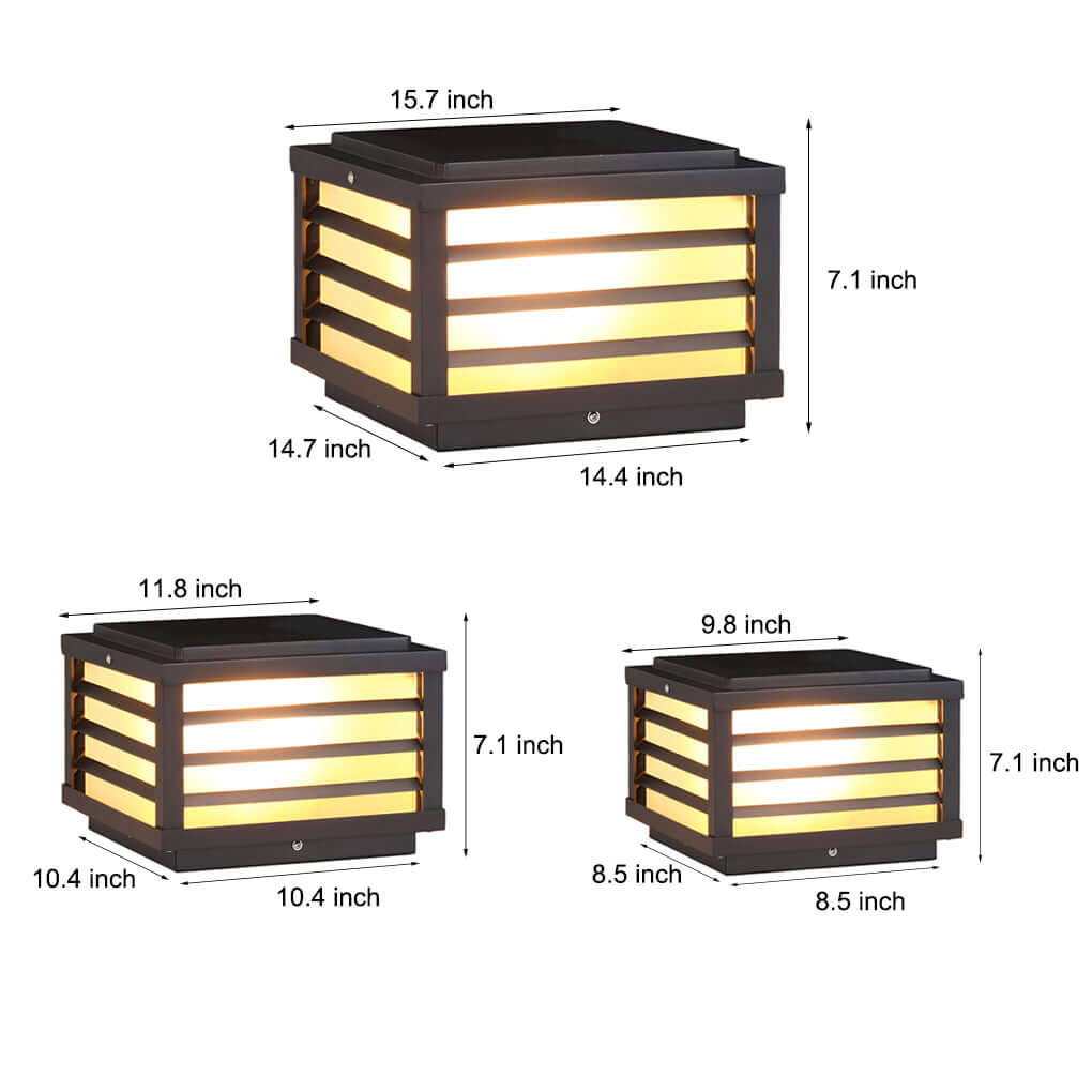 Dimension diagram of black gate pillar lights showing various sizes for installation reference and planning.