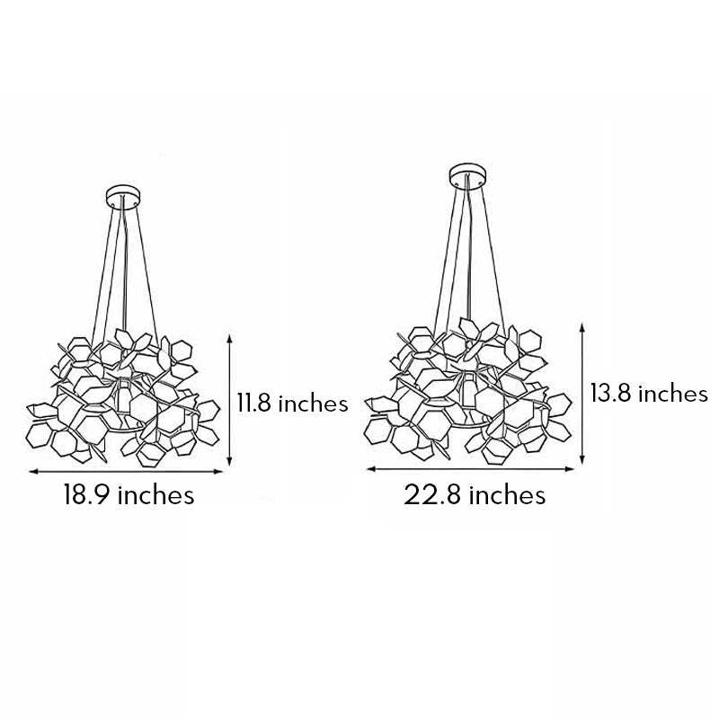 Dimension diagram of black geometric chandelier showing 18.9-inch and 22.8-inch width options.