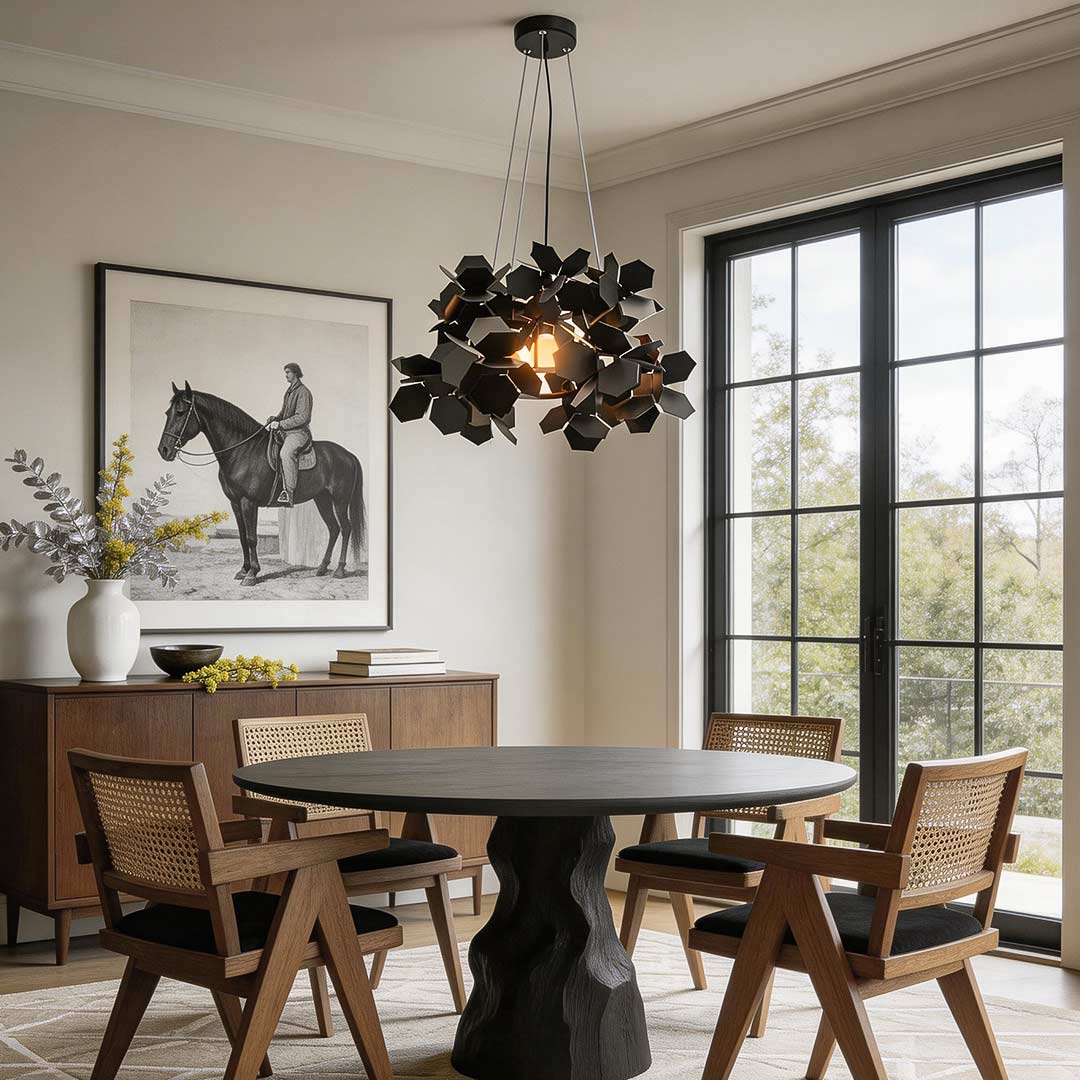 Black geometric chandelier with a leaf-inspired design, hanging above a modern dining table.