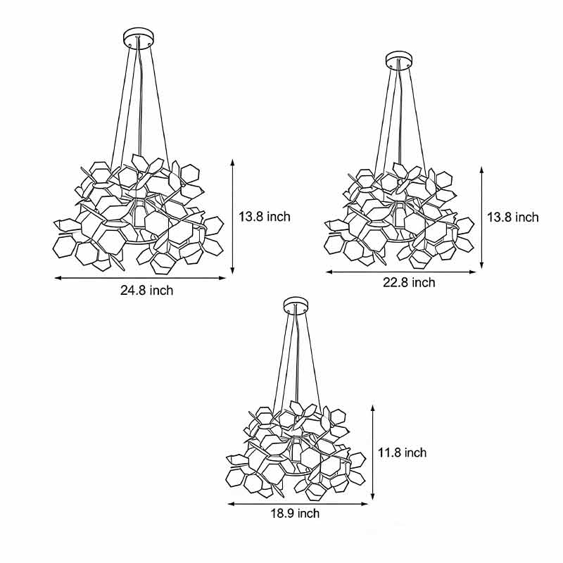 Technical diagram of black geometric chandelier showing dimensions and installation details.