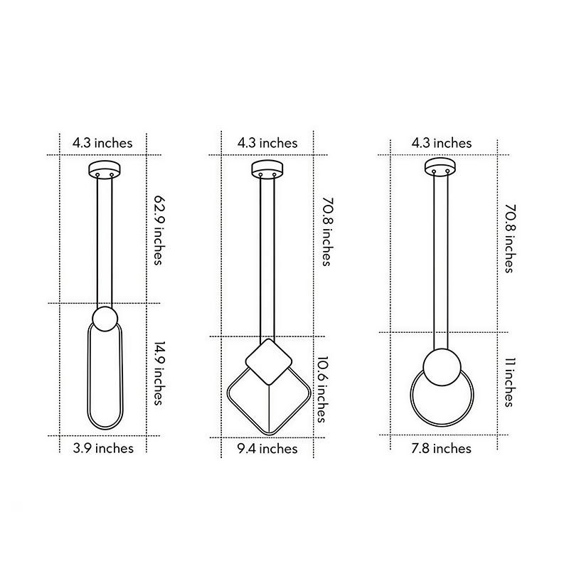 Technical dimension drawing illustrating installation size of black geometric pendant light.