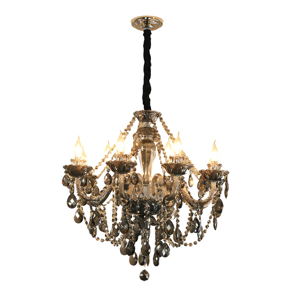 Black glass candlelight chandelier with multiple candle bulbs and crystal drops shown on white.