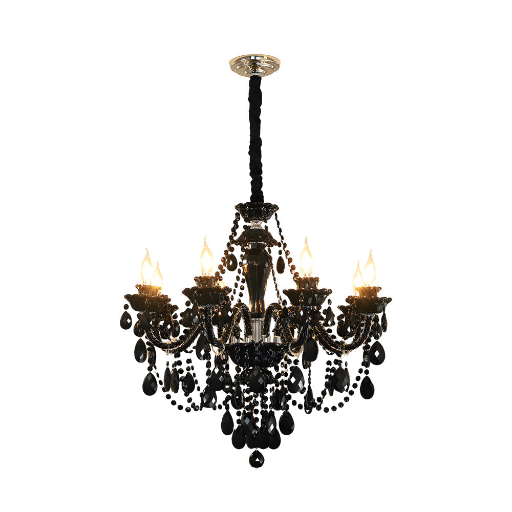 Black glass candlelight chandelier with an ornate crystal design and candle bulbs shown on white.