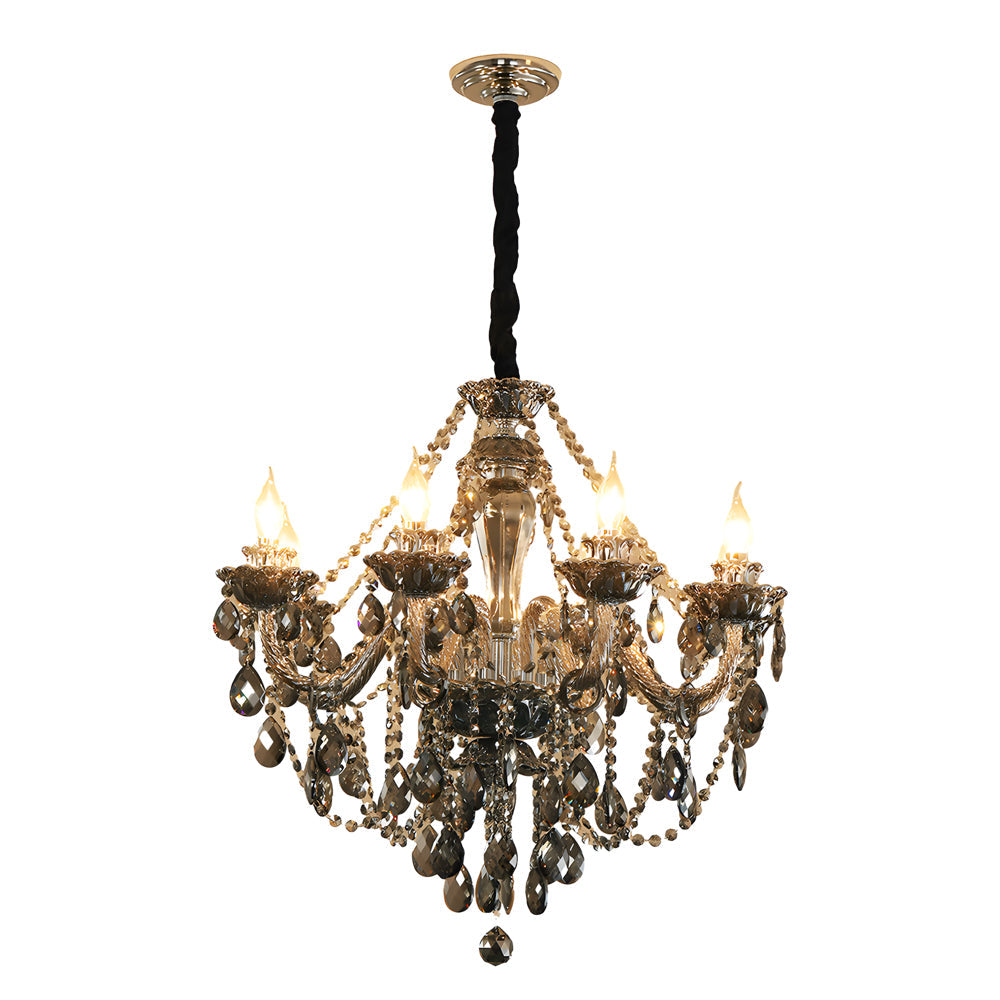 Wide black glass candlelight chandelier with crystal drops and candle bulbs shown on white.