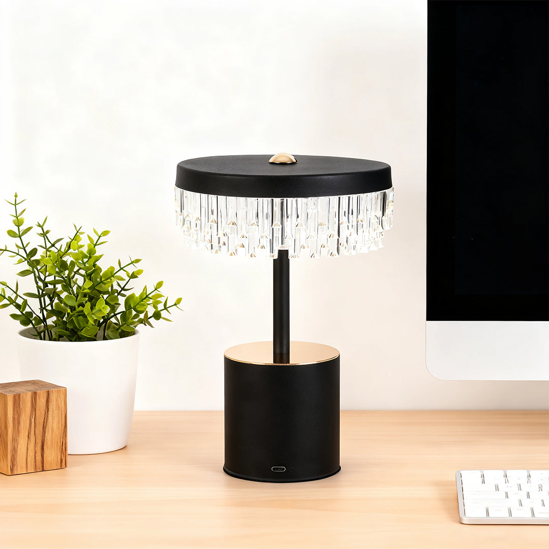 Black and gold fringe table lamp styled on a minimalist desk next to a monitor and small potted plant.