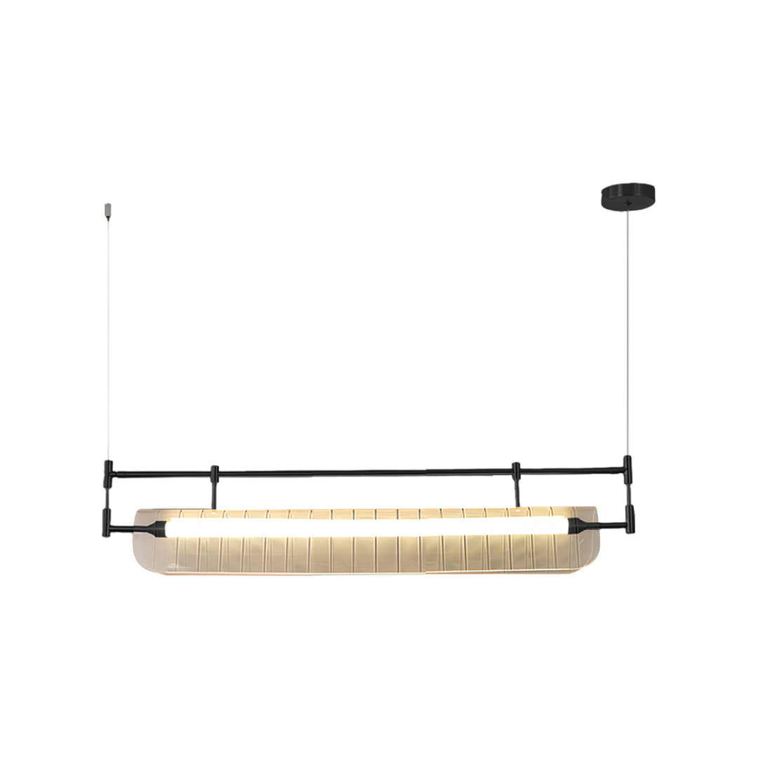 Black and gold linear light pendant showcasing geometric design with fluted glass element