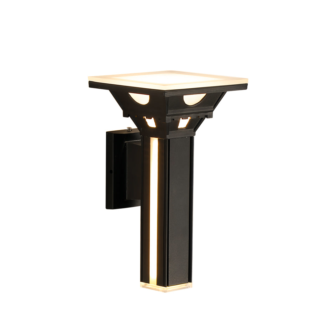 Contemporary outdoor wall column lights in black and gold accent finish.