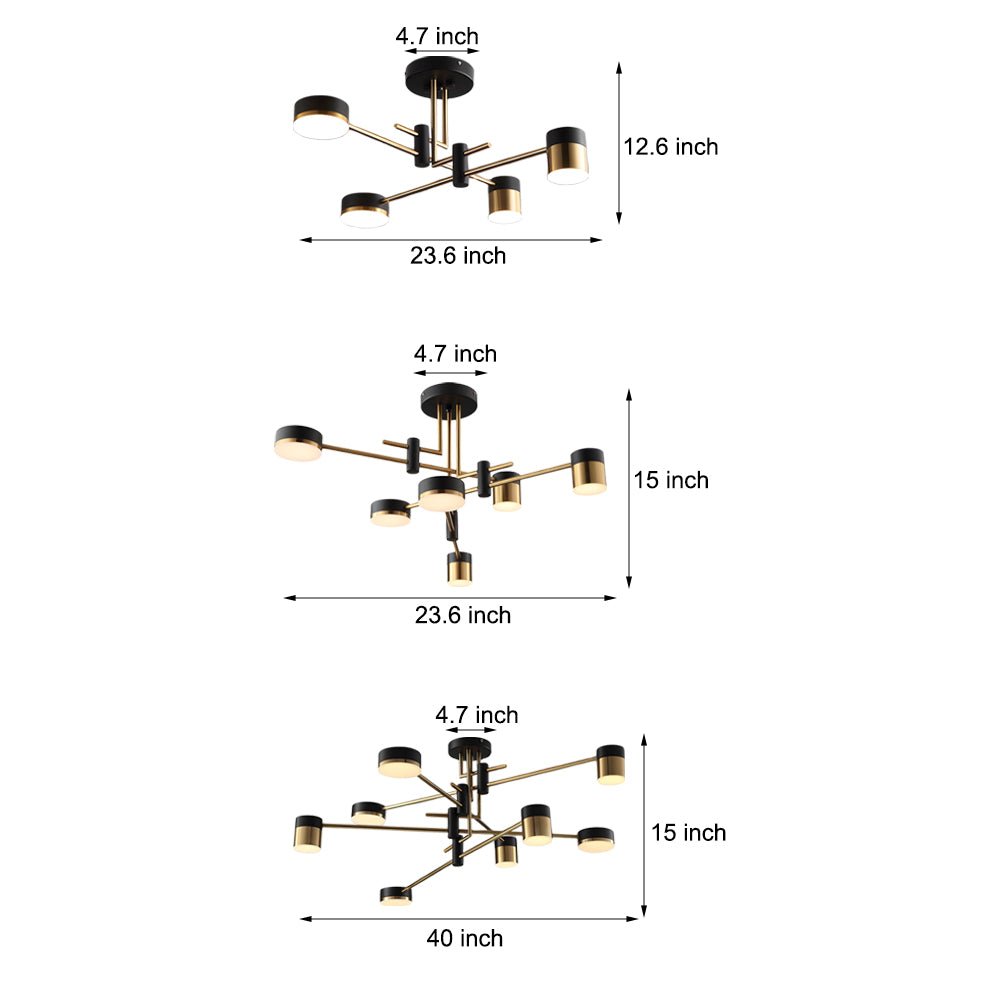 Line drawing of black and gold sputnik ceiling light dimensions, providing installation specifications.