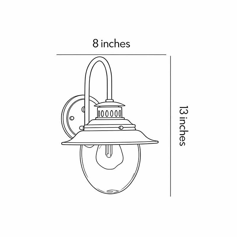 Black gooseneck wall light dimension diagram showing fixture height and width measurements for outdoor wall installation.
