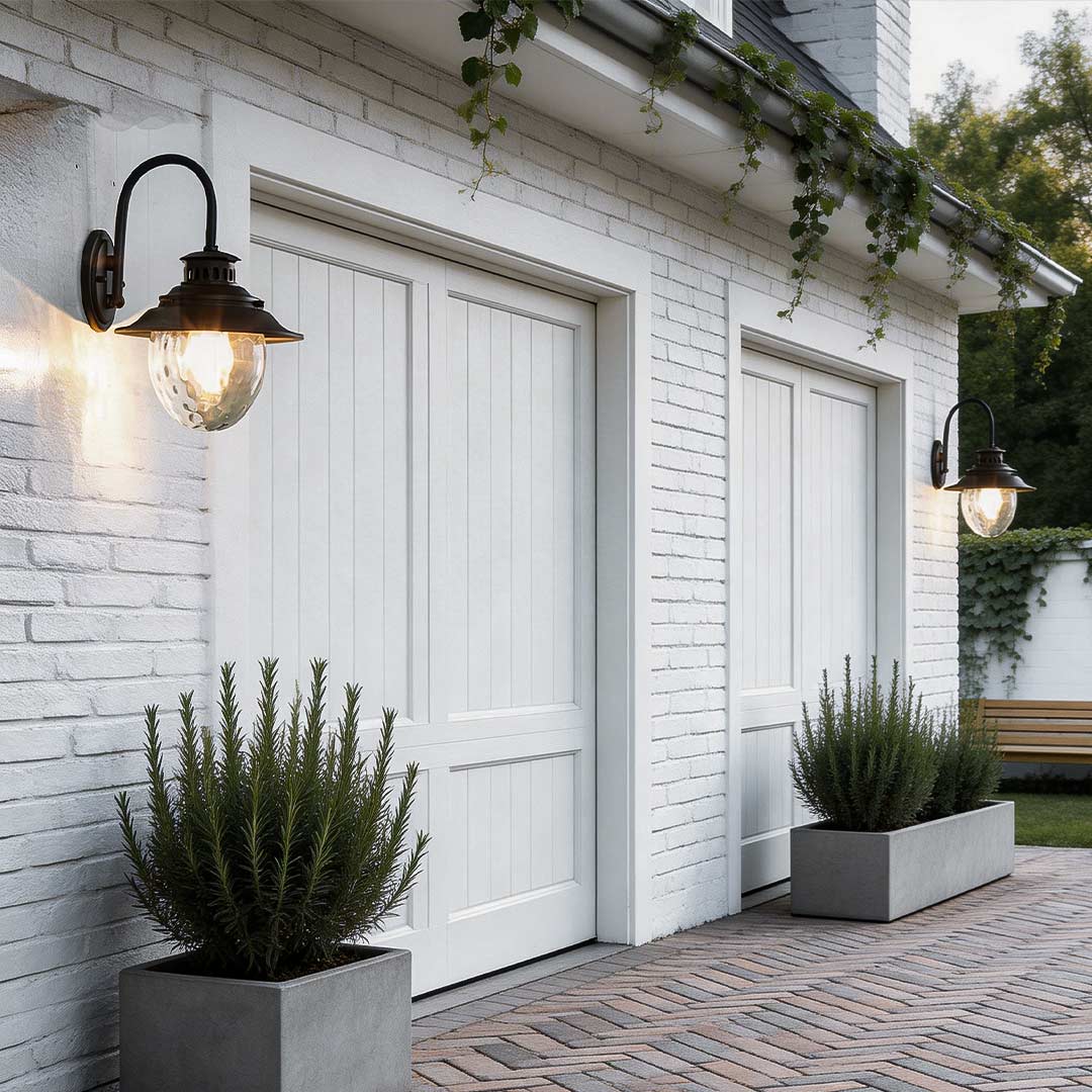 Black gooseneck wall light installed on white garage exterior, classic outdoor barn style fixture lighting driveway area.