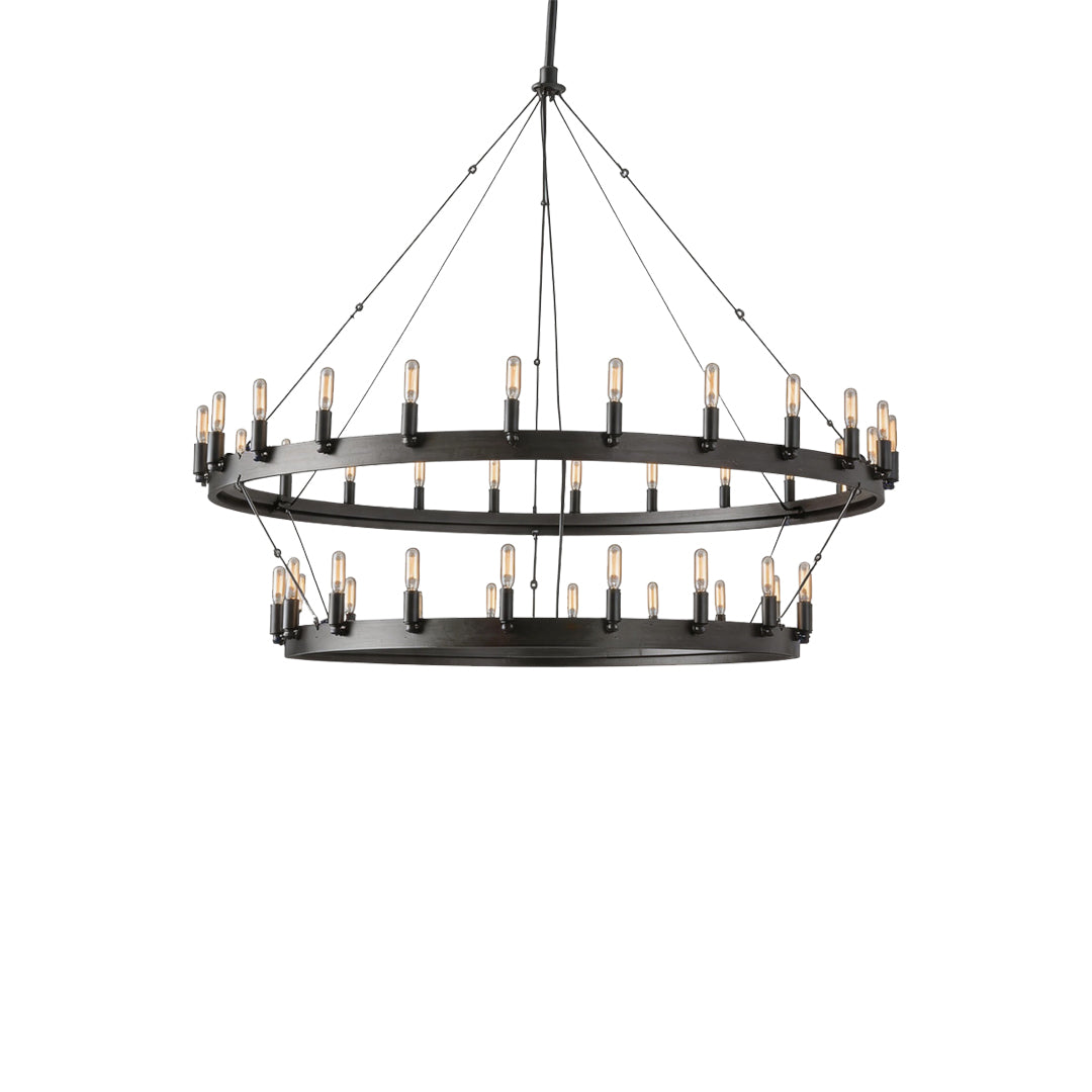 Black iron chandelier large double-tier version for grand entryways and open interiors.