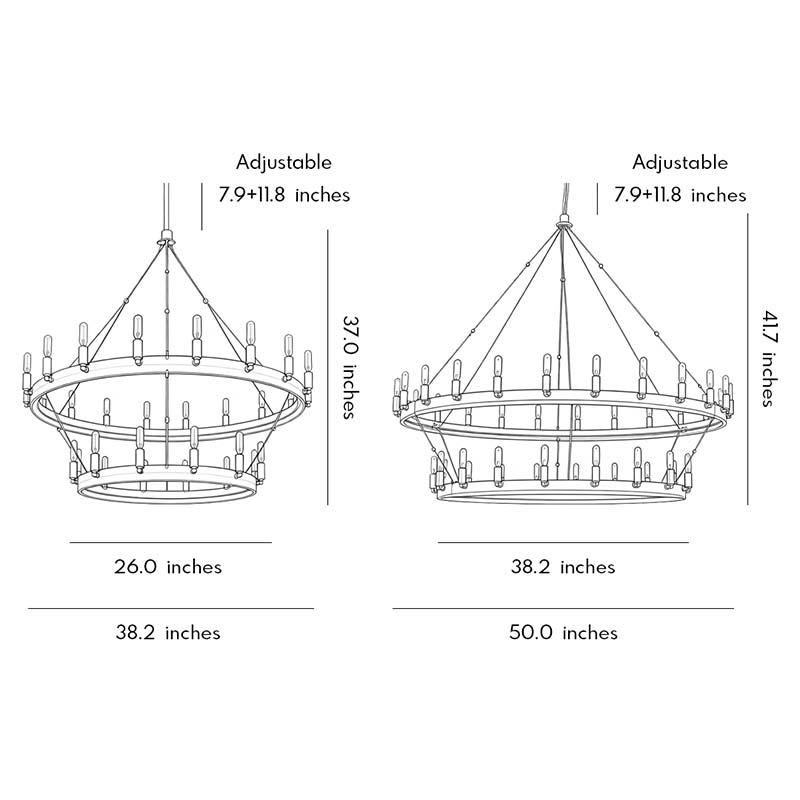 Black iron chandelier dimension drawing showing double-tier chandelier sizes and hanging height details.