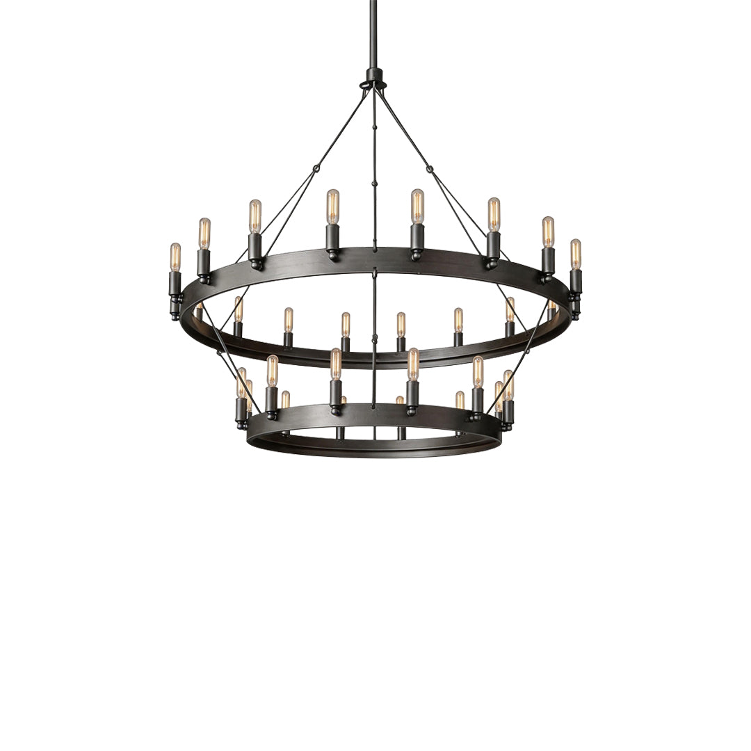 Black iron chandelier double-tier ring version with dramatic statement lighting appearance.