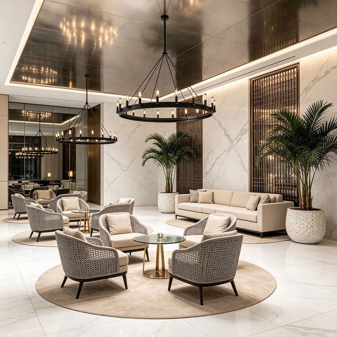 Black iron chandelier featured in a spacious living room with elegant double-ring lighting design.