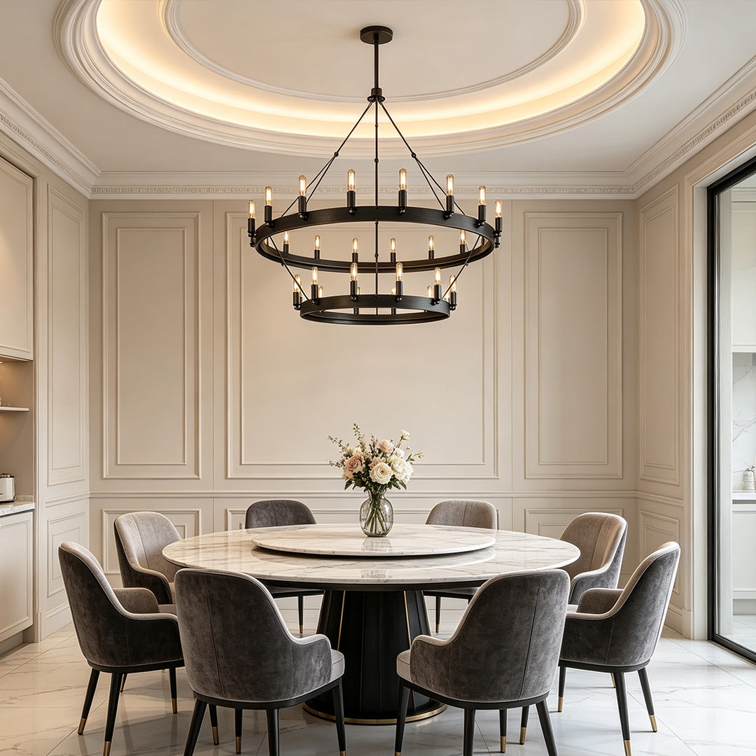 black iron wagon wheel chandelier in a modern dining room
