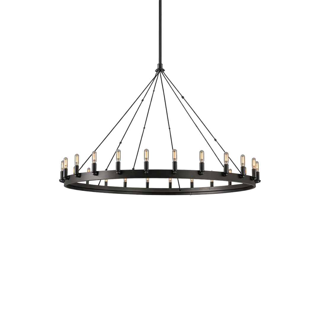 Black iron chandelier oversized circular version with suspended cable support design.