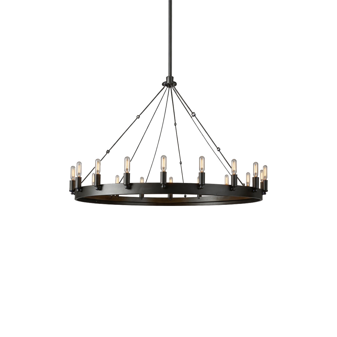 Black iron chandelier wide single-ring version designed for large dining and living spaces.