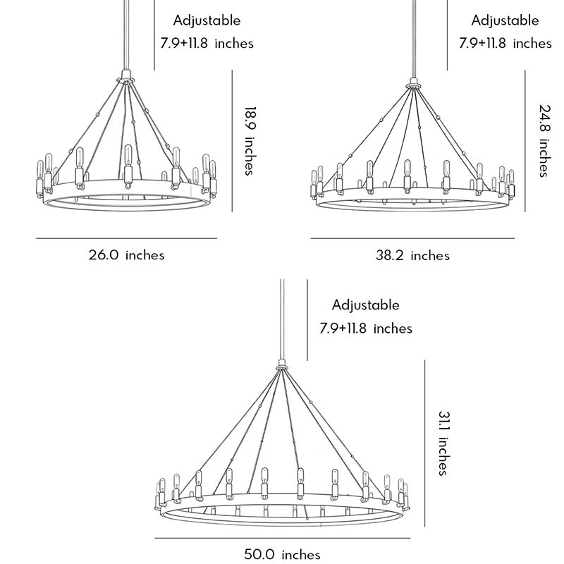 Black iron chandelier dimension drawing displaying multiple single-ring size options and adjustable heights.