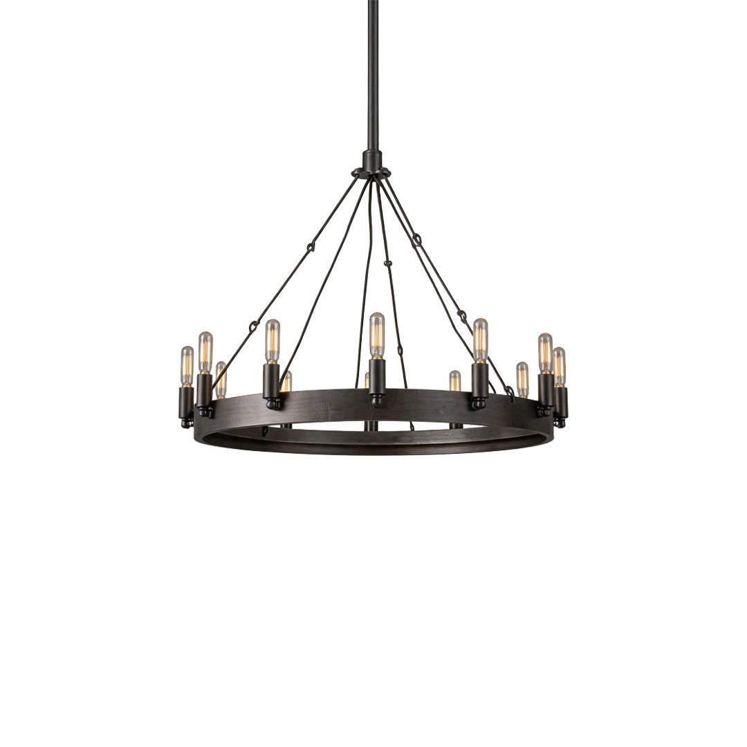 Black iron chandelier single-ring compact version with minimalist industrial styling.