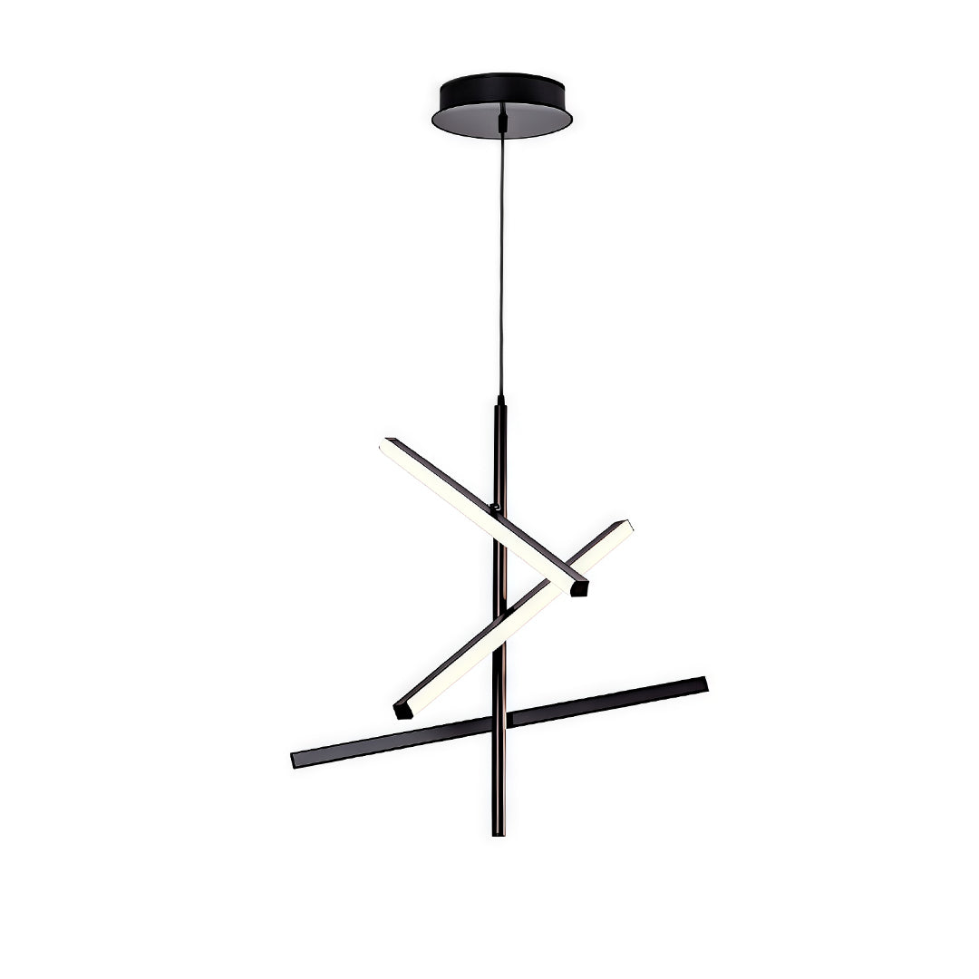 Black iron linear chandelier with asymmetric branch design and integrated LED strips on white background.