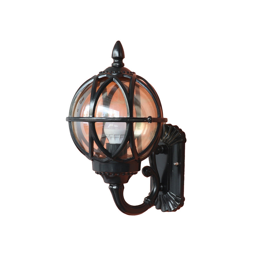 Black wrought iron nautical lantern with clear glass panels for exterior lighting